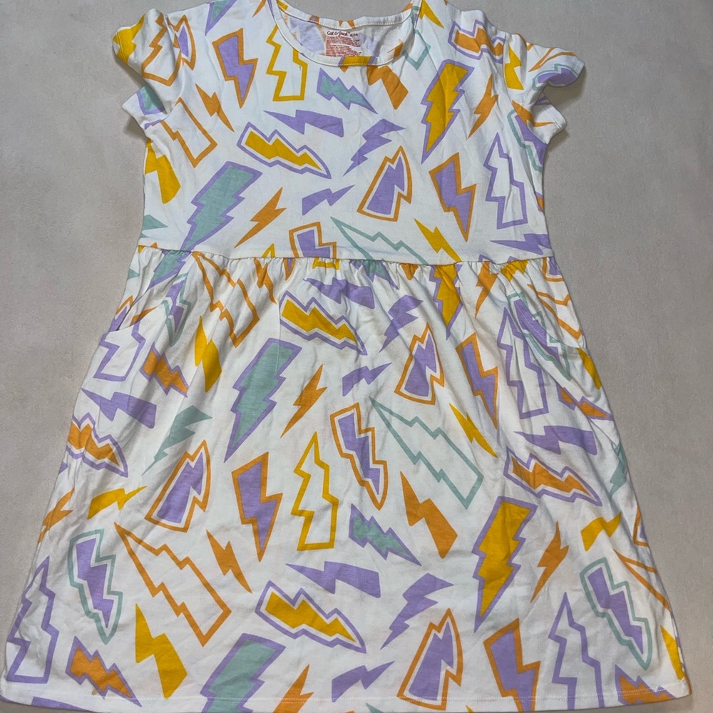 Cat & Jack White Dress with Yellow,‎ Lavender & Mint Lightning Bolts